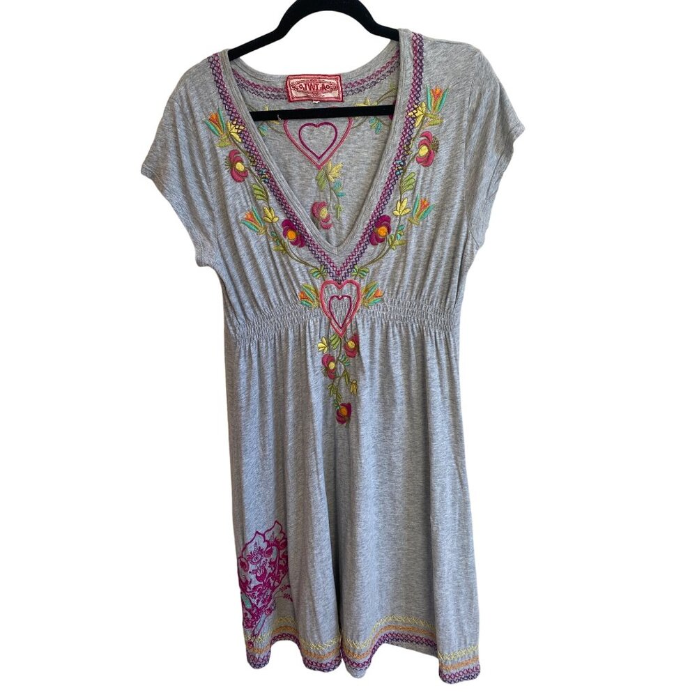 Johnny Was LA Gray Embroidered V-Neck Dress W's Medium Hearts Cotton - Picture 3 of 15